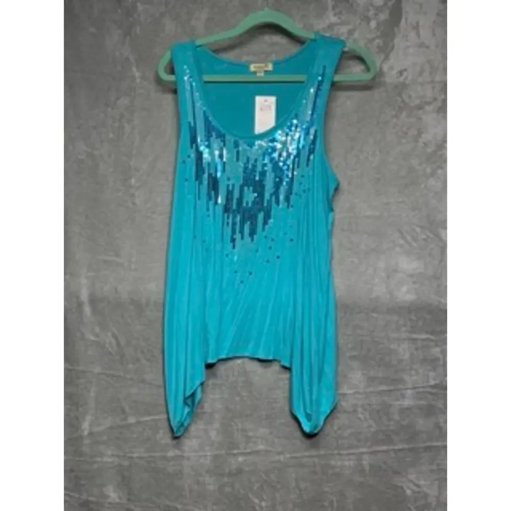 New World Turquoise Blue Sequin Sharkbite Tank Top Large NWT